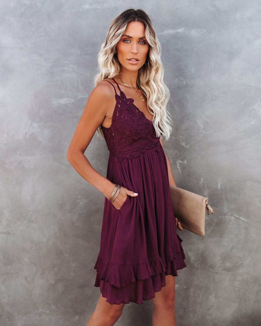 Clothing * | List-001 Best Of My Love Pocketed Lace Ruffle Dress Plum All Clothing