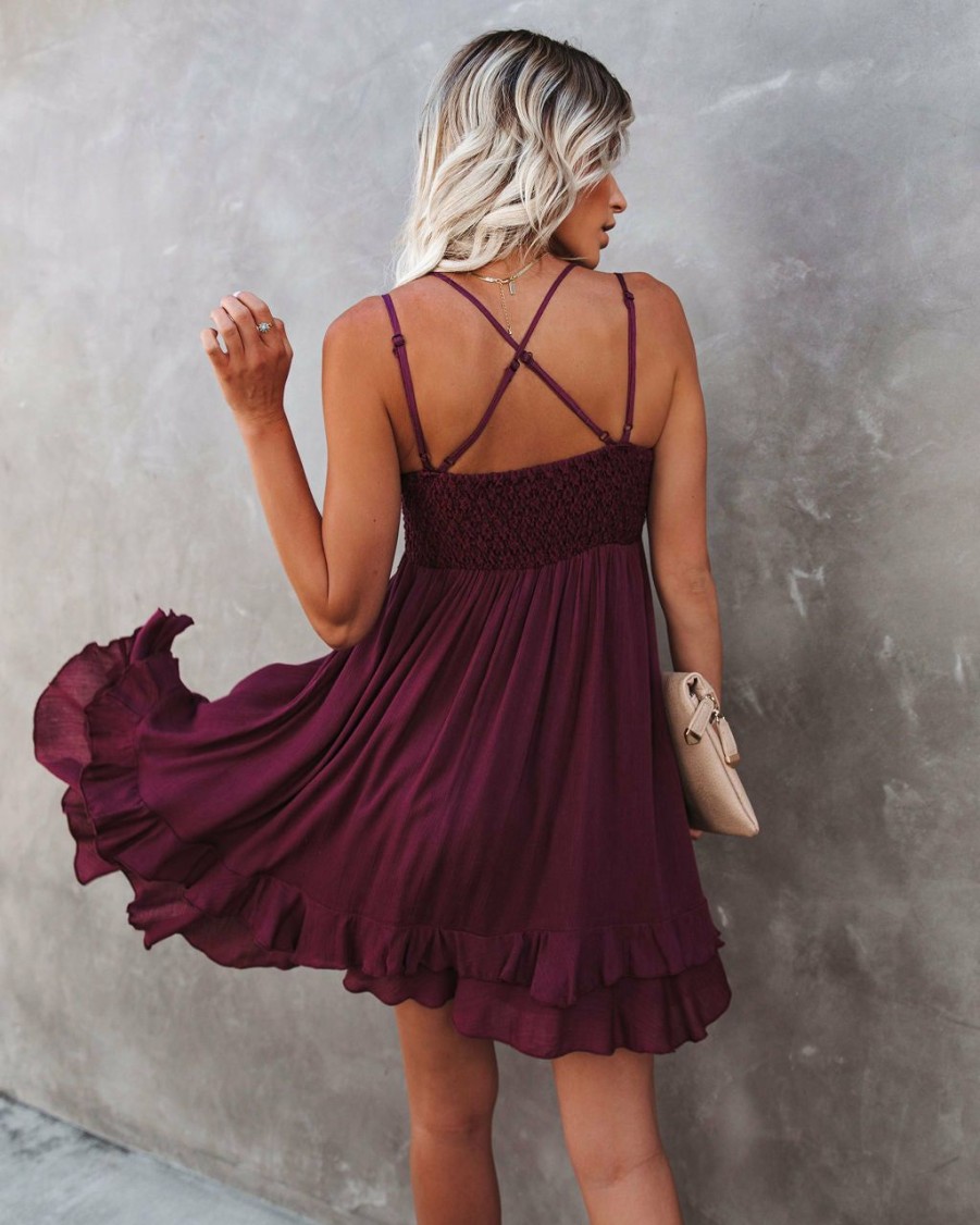 Clothing * | List-001 Best Of My Love Pocketed Lace Ruffle Dress Plum All Clothing