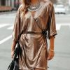 Clothing * | On T-001 Ashes Metallic Wrap Mini Dress Gold Final Sale