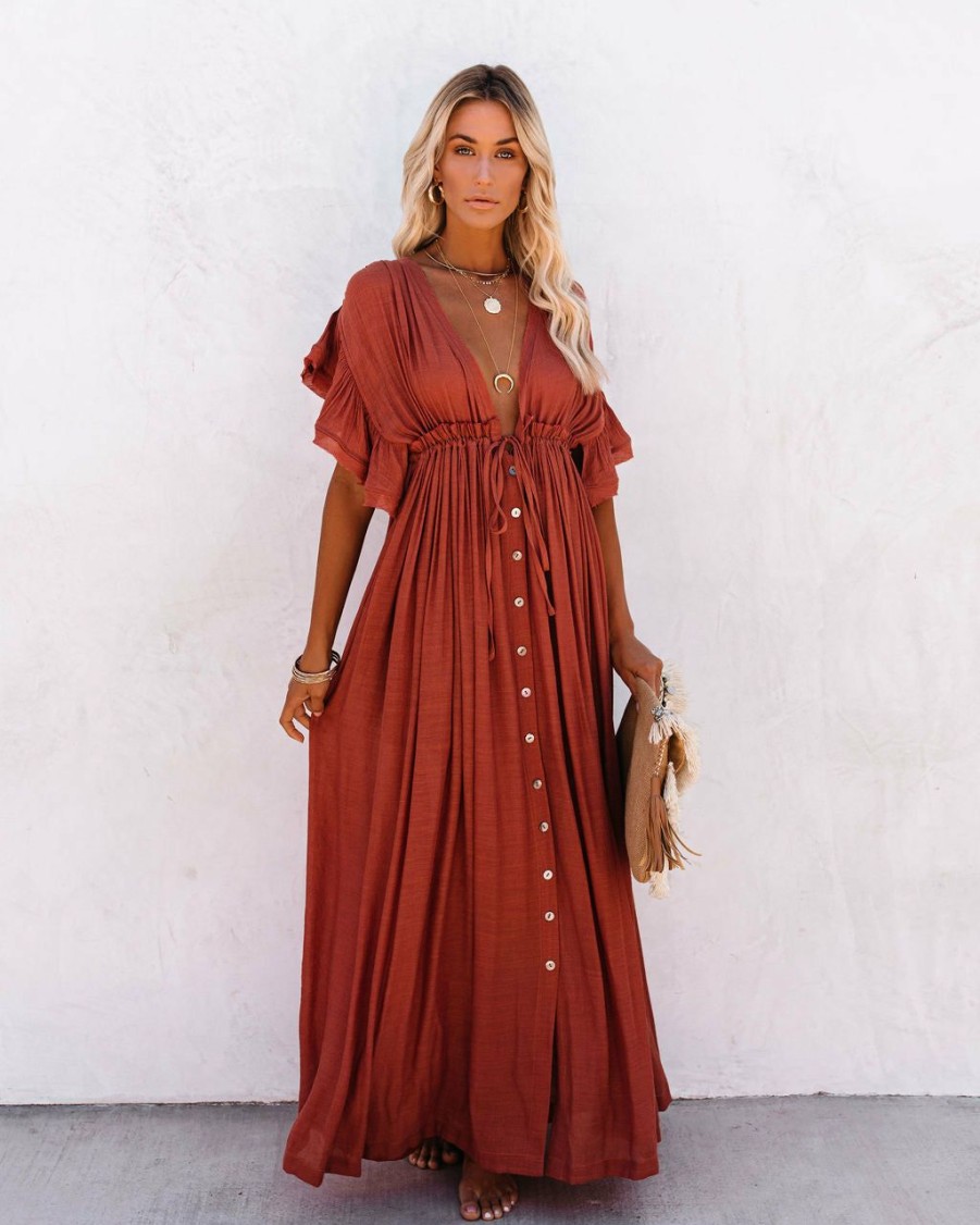 Clothing * | Flaw-001 Anika Pocketed Button Down Ruffle Maxi Dress Terracotta All Clothing