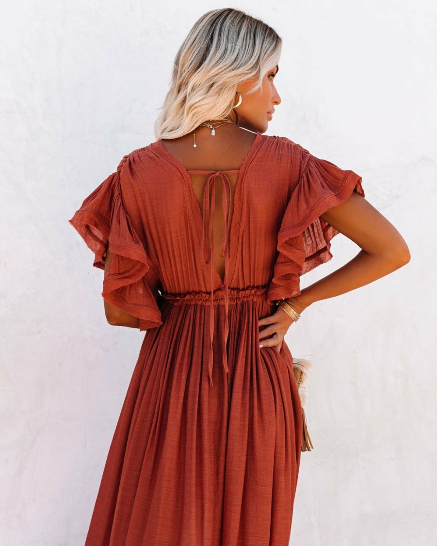 Clothing * | Flaw-001 Anika Pocketed Button Down Ruffle Maxi Dress Terracotta All Clothing