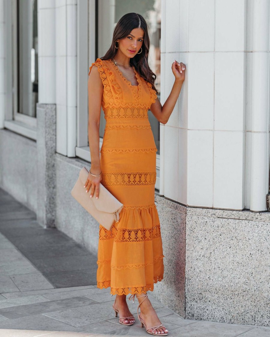 Clothing * | Endl-001 Sacha Cotton Linen Crochet Tiered Midi Dress Tangerine