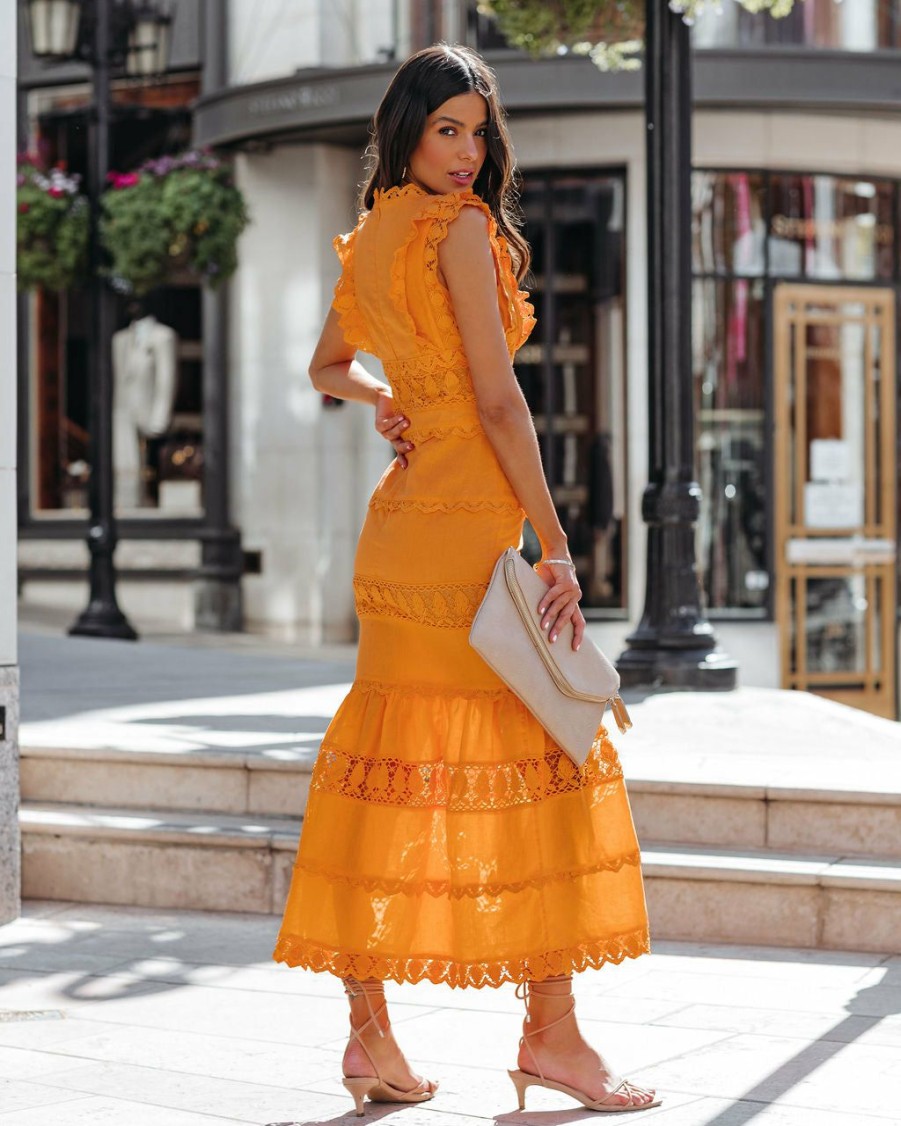 Clothing * | Endl-001 Sacha Cotton Linen Crochet Tiered Midi Dress Tangerine