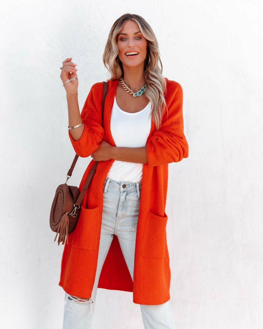 Clothing * | Dee-001 Dayson Pocketed Knit Cardigan Flame Orange Final Sale