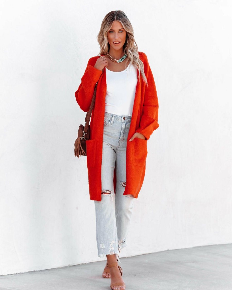 Clothing * | Dee-001 Dayson Pocketed Knit Cardigan Flame Orange Final Sale