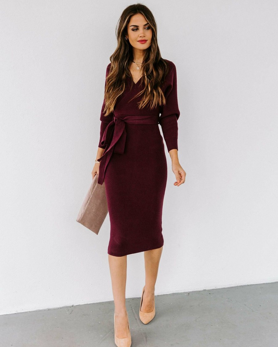 Clothing * | Oliv-001 Yara Drape Knit Midi Sweater Dress Plum All Clothing