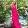 Clothing * | Enc-001 The Vacation Shop Jessa Metallic Detailed Ruffle Maxi Dress Hot Magenta