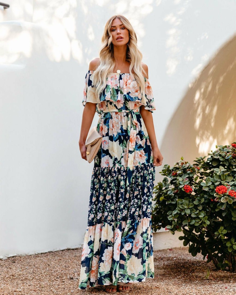 Clothing * | Salt-001 The Vacation Shop Petal Power Floral Off The Shoulder Maxi Dress Navy