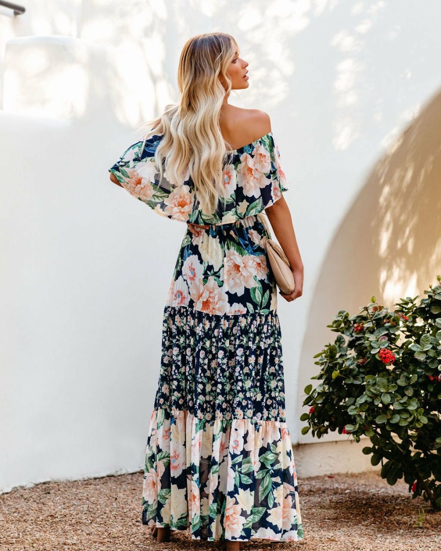 Clothing * | Salt-001 The Vacation Shop Petal Power Floral Off The Shoulder Maxi Dress Navy