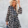 Clothing * | Aaka-001 Brownstone Plaid Adjustable Balloon Sleeve Dress All Clothing