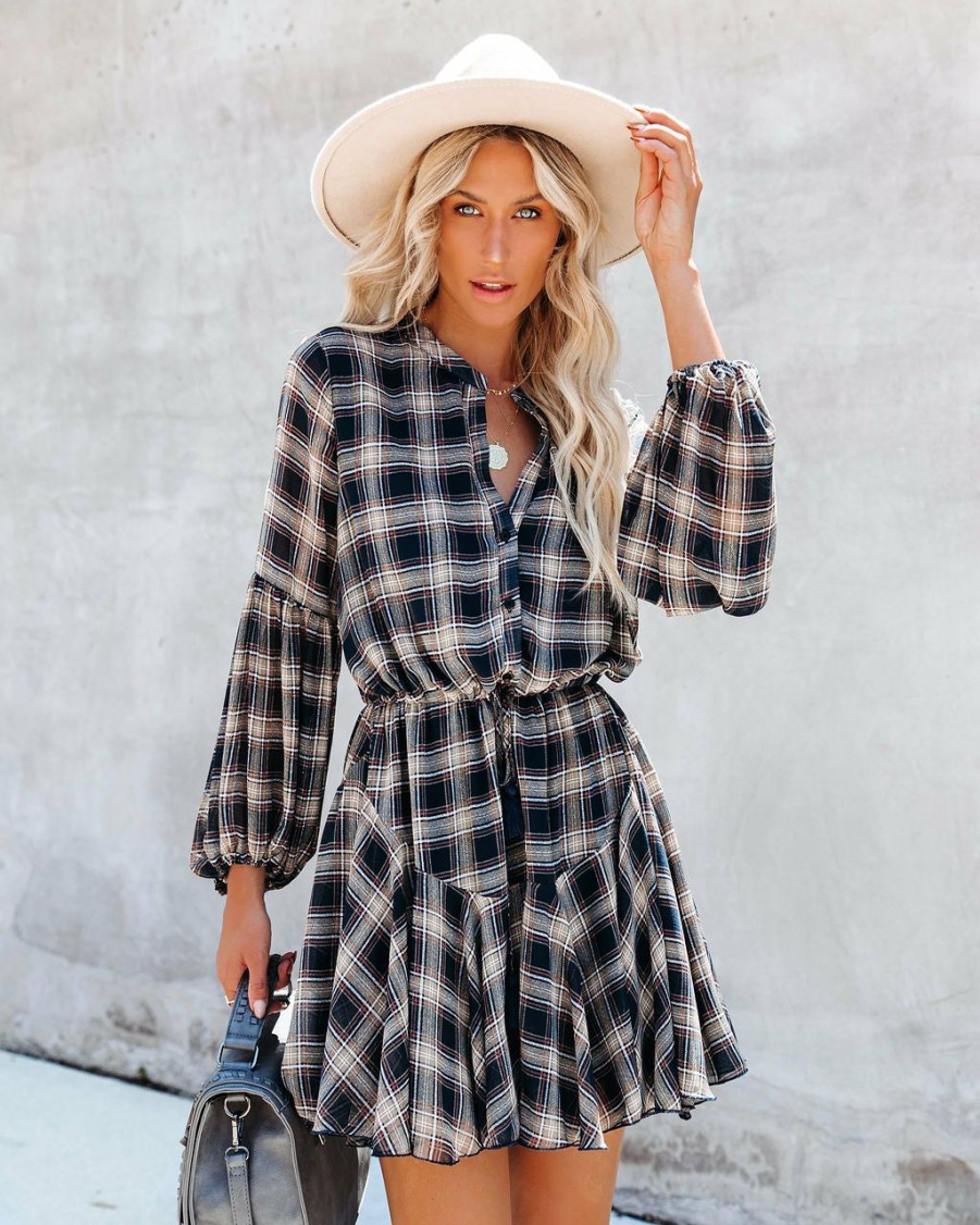 Clothing * | Aaka-001 Brownstone Plaid Adjustable Balloon Sleeve Dress All Clothing