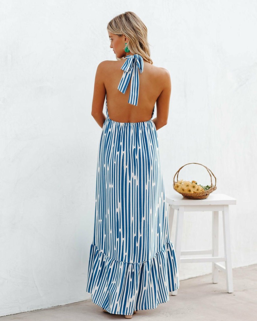 Clothing * | Tych-001 Seek Shade Printed High Low Halter Maxi Dress Blue