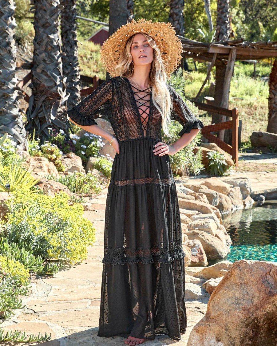 Clothing * | Enc-001 Emma Sheer Crochet Lace Maxi Dress Black Final Sale Bump Friendly