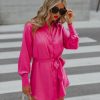 Clothing * | Olia-001 Growth Satin Button Down Shirt Dress Pink All Clothing