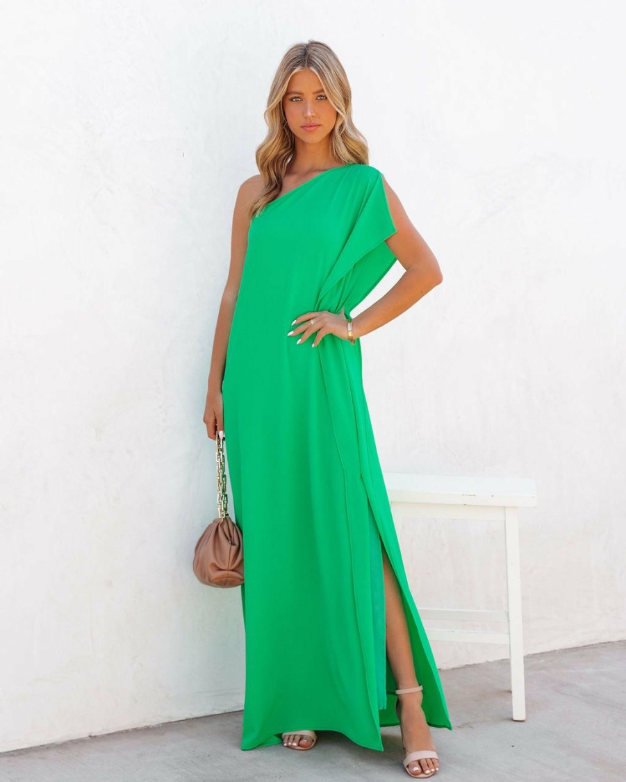 Clothing * | Tych-001 Guest Of Wedding Strike A Pose One Shoulder Statement Maxi Dress Emerald