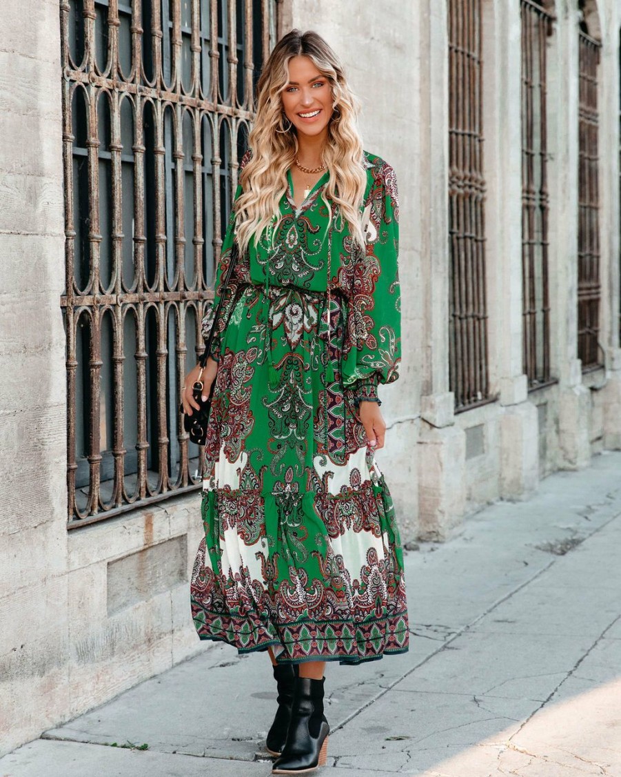 Clothing * | Salt-001 Bump Friendly Sedra Paisley Boho Maxi Dress Green Final Sale