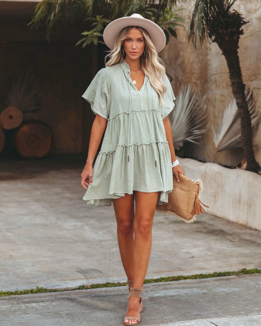 Clothing * | Oliv-001 Good Karma Cotton Tiered Babydoll Tunic Sage