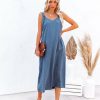 Clothing * | Love-003 Park Stroll Cotton Linen Pocketed Midi Dress Denim Blue Final Sale All Clothing