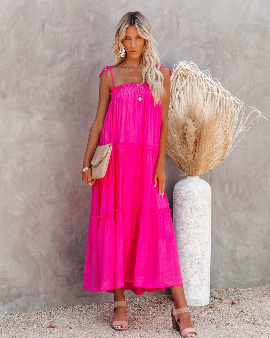 Clothing * | &Mer-001 Just Restocked Catch The Sun Tiered Midi Dress Hot Pink