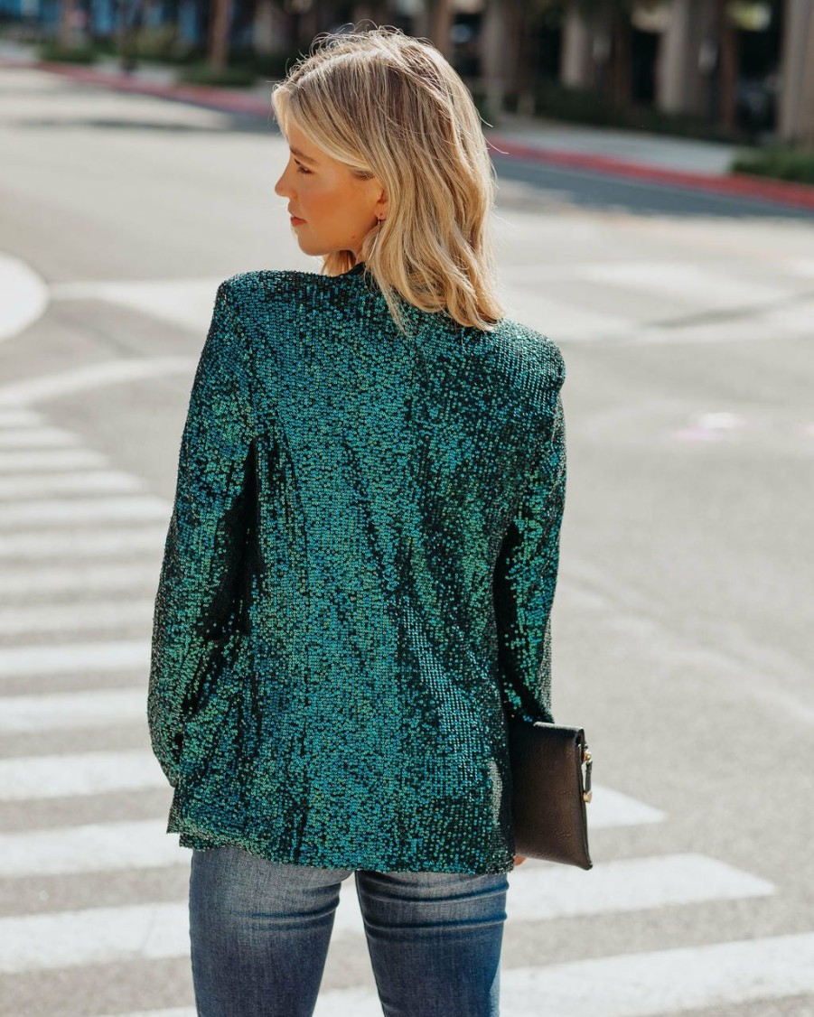 Clothing * | On T-001 Festive Flair Pocketed Sequin Blazer Teal All Clothing