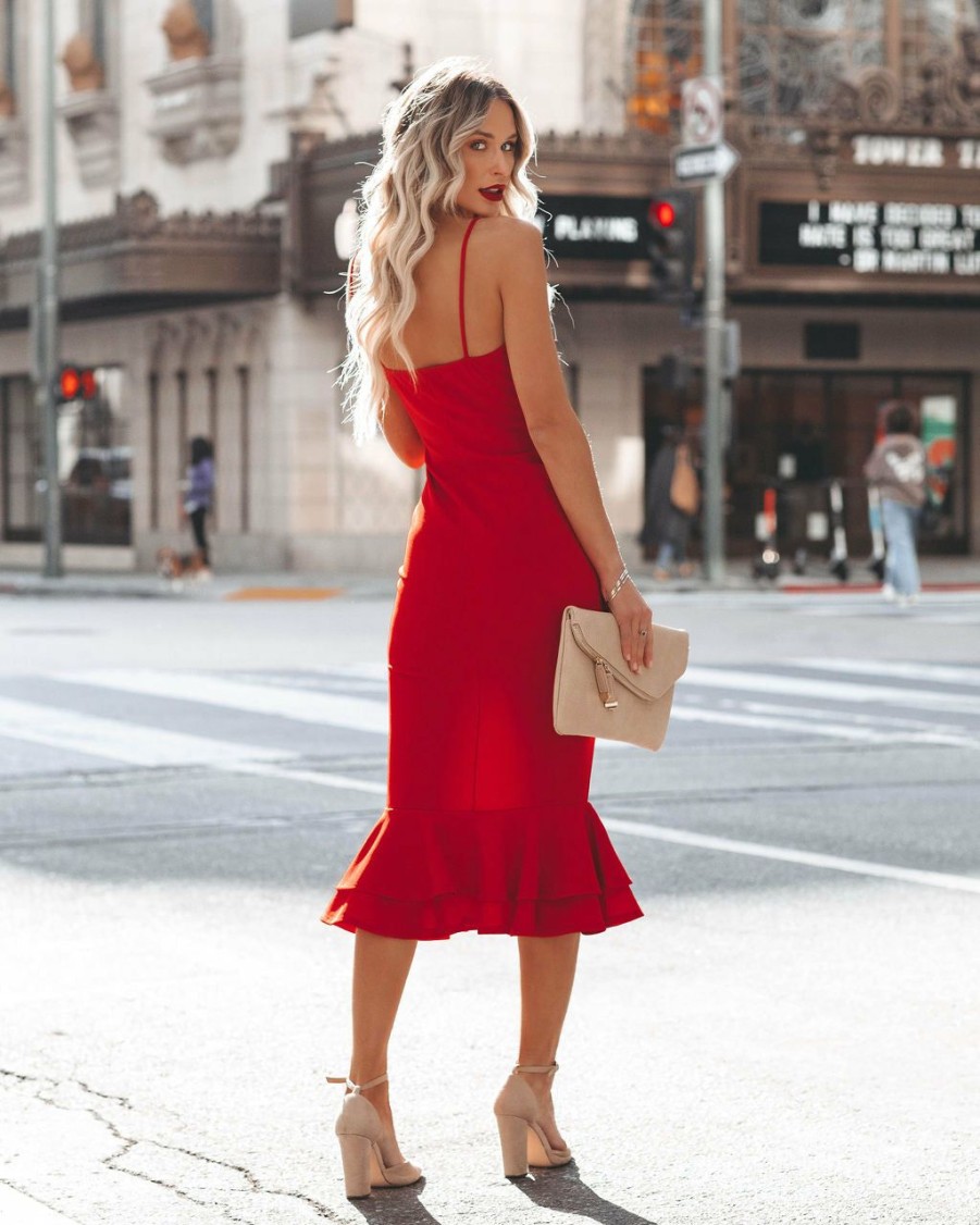 Clothing * | Shop-001 Impeccable Tie Front Ruffle Midi Dress Red