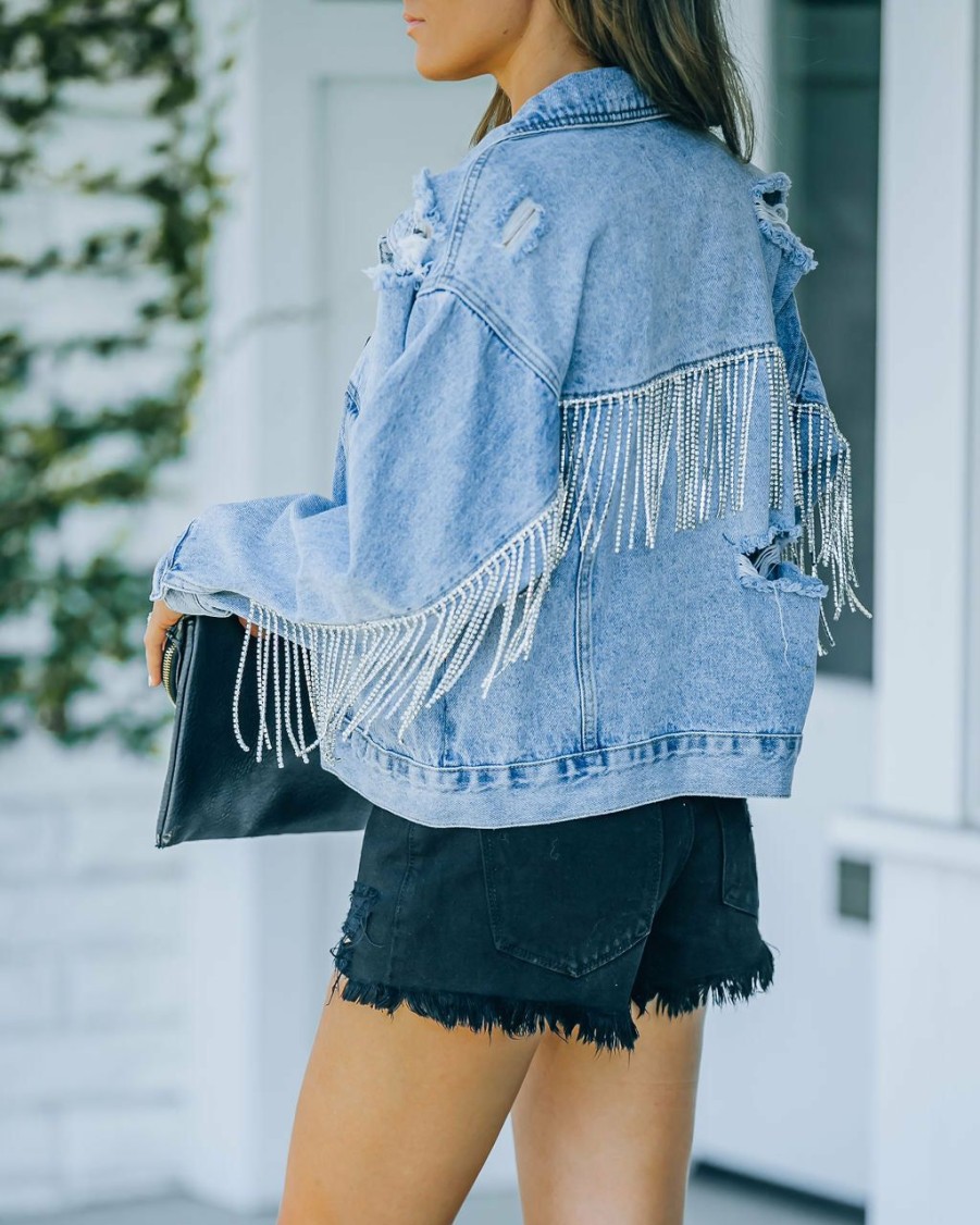 Clothing * | On T-001 Meza Rhinestone Fringe Crop Denim Jacket All Clothing