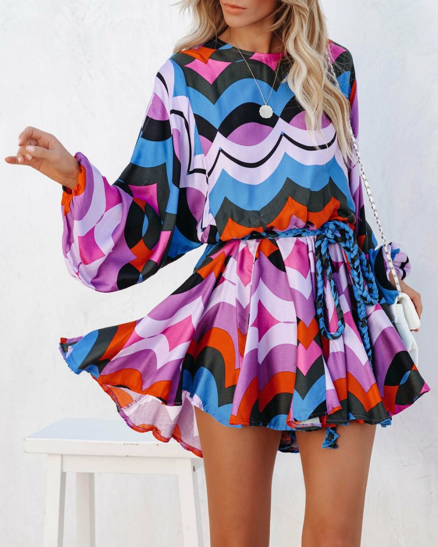 Clothing * | Oliv-001 Rocky Printed Rope Tie Ruffle Dress Final Sale State Of Happy