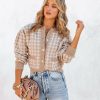 Clothing * | Lush-001 All Clothing Danah Pocketed Crop Houndstooth Cardigan Taupe Final Sale