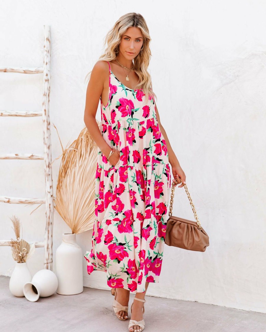 Clothing * | Tcec-001 Koa Pocketed Floral Tiered Midi Dress Just Restocked