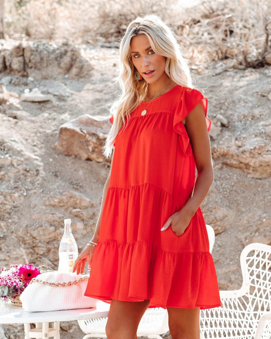 Clothing * | Newb-001 The Valley Pocketed Tiered Babydoll Tunic Tomato Red