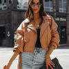 Clothing * | Baga-001 Lucia Pocketed Faux Leather Crop Moto Jacket Biscotti