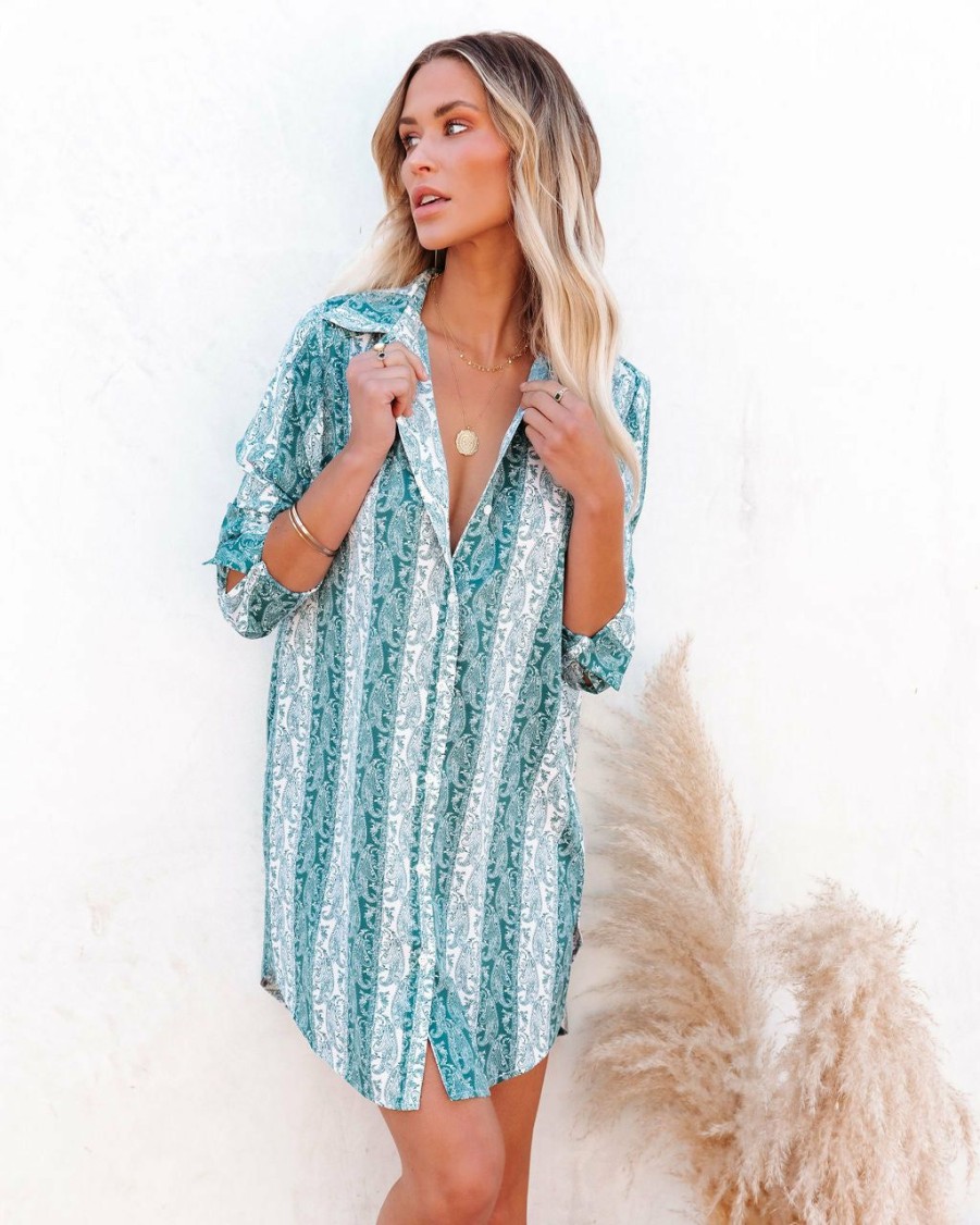 Clothing * | Acoa-001 Sailor Printed Button Down Tunic Jade The Vacation Shop