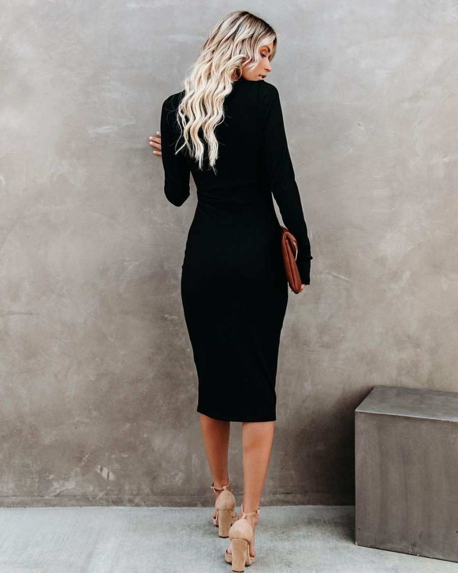 Clothing * | Tych-001 Body Language Ribbed Cutout Midi Dress Black