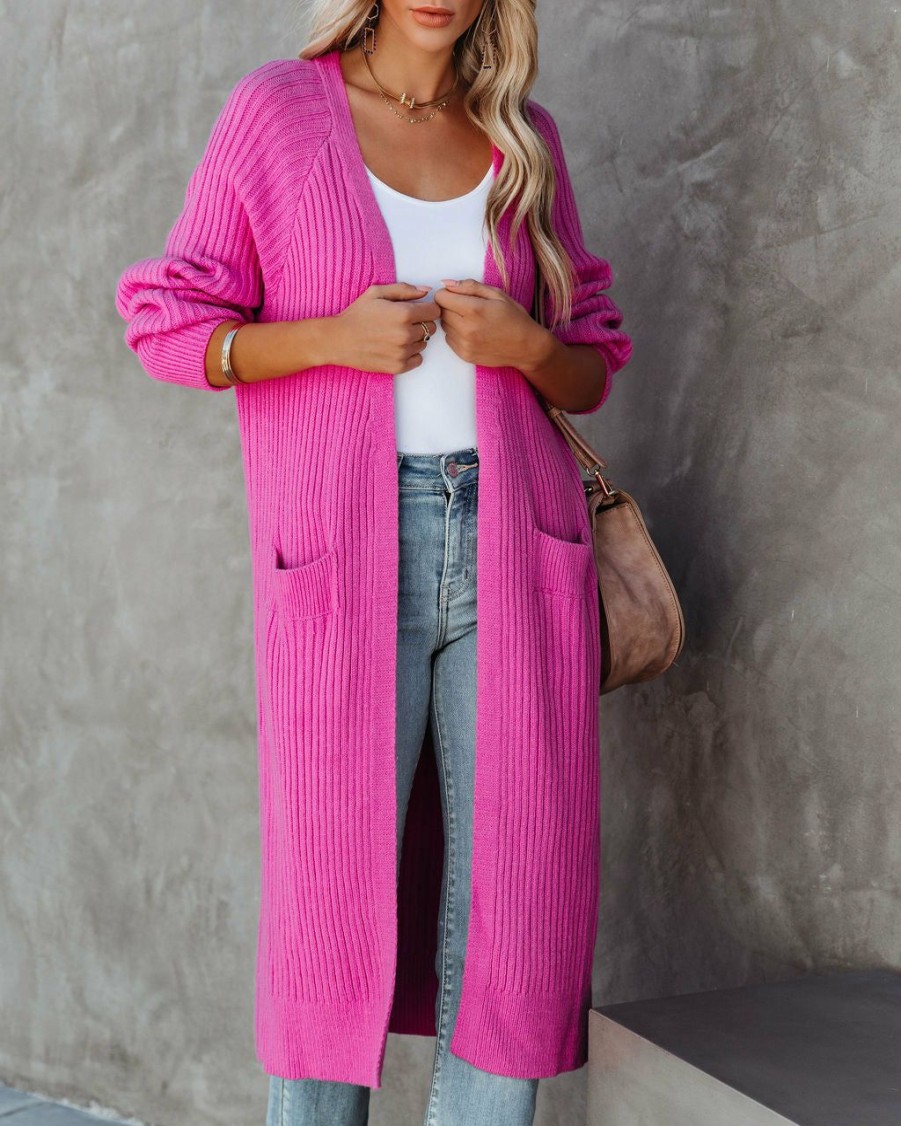 Clothing * | Aeom-001 Amyah Pocketed Knit Duster Cardigan Fuchsia State Of Happy