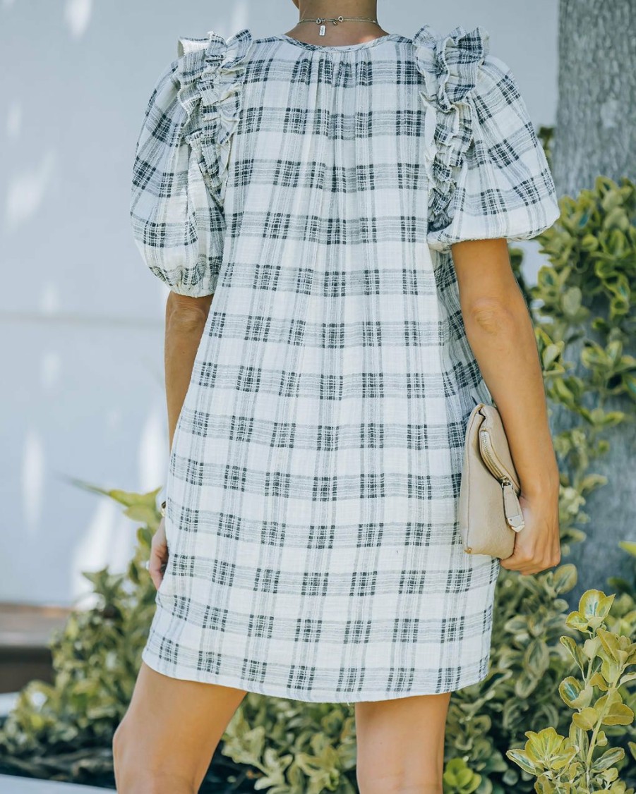 Clothing * | Oliv-001 Donda Cotton Pocketed Plaid Puff Sleeve Dress Final Sale All Clothing