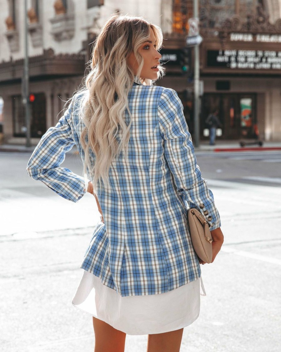 Clothing * | Fore-001 Fava Pocketed Plaid Blazer Blue Final Sale Work Anywhere