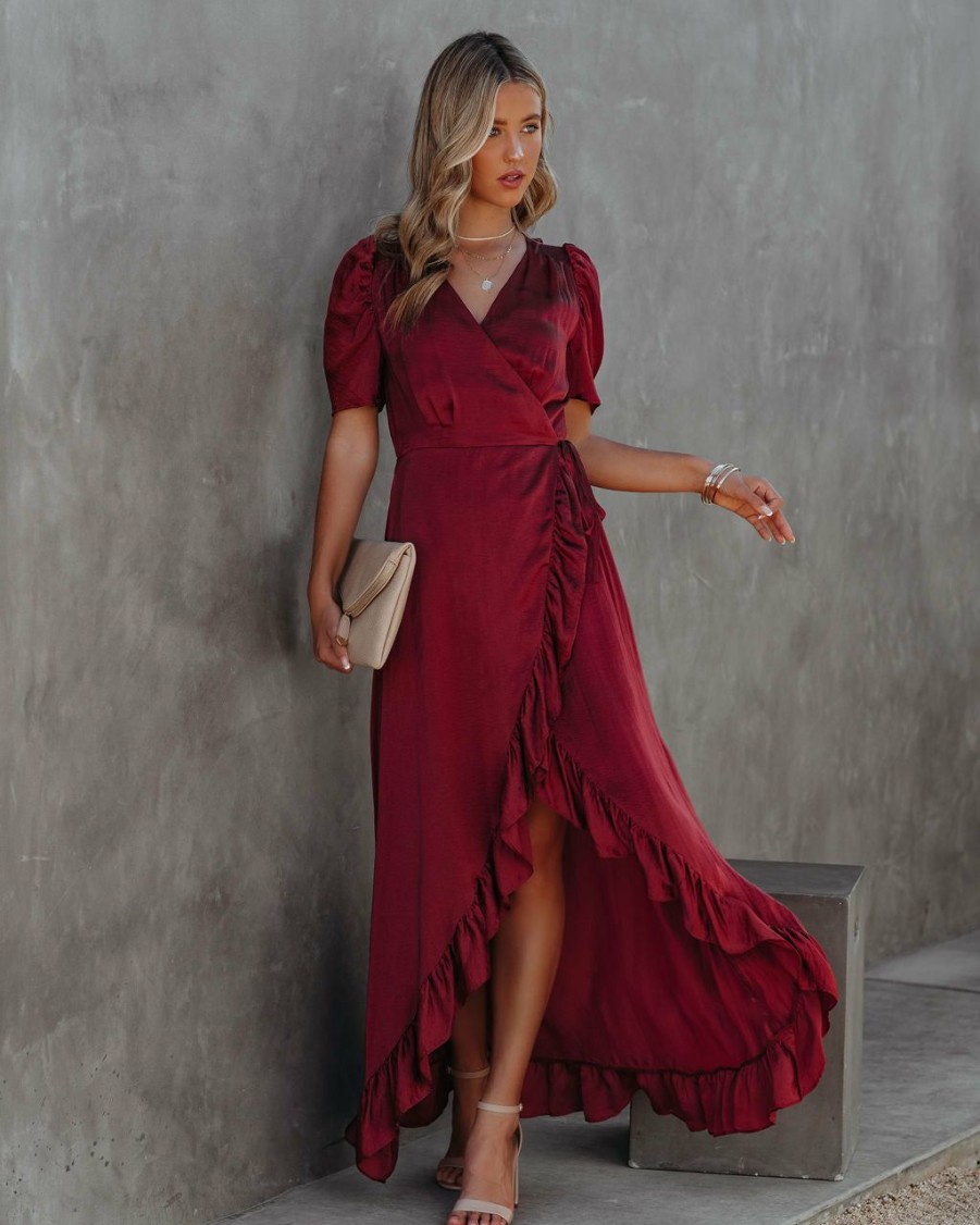 Clothing * | Suga-001 Red Carpet Ruffle Wrap High Low Maxi Dress Maroon Final Sale