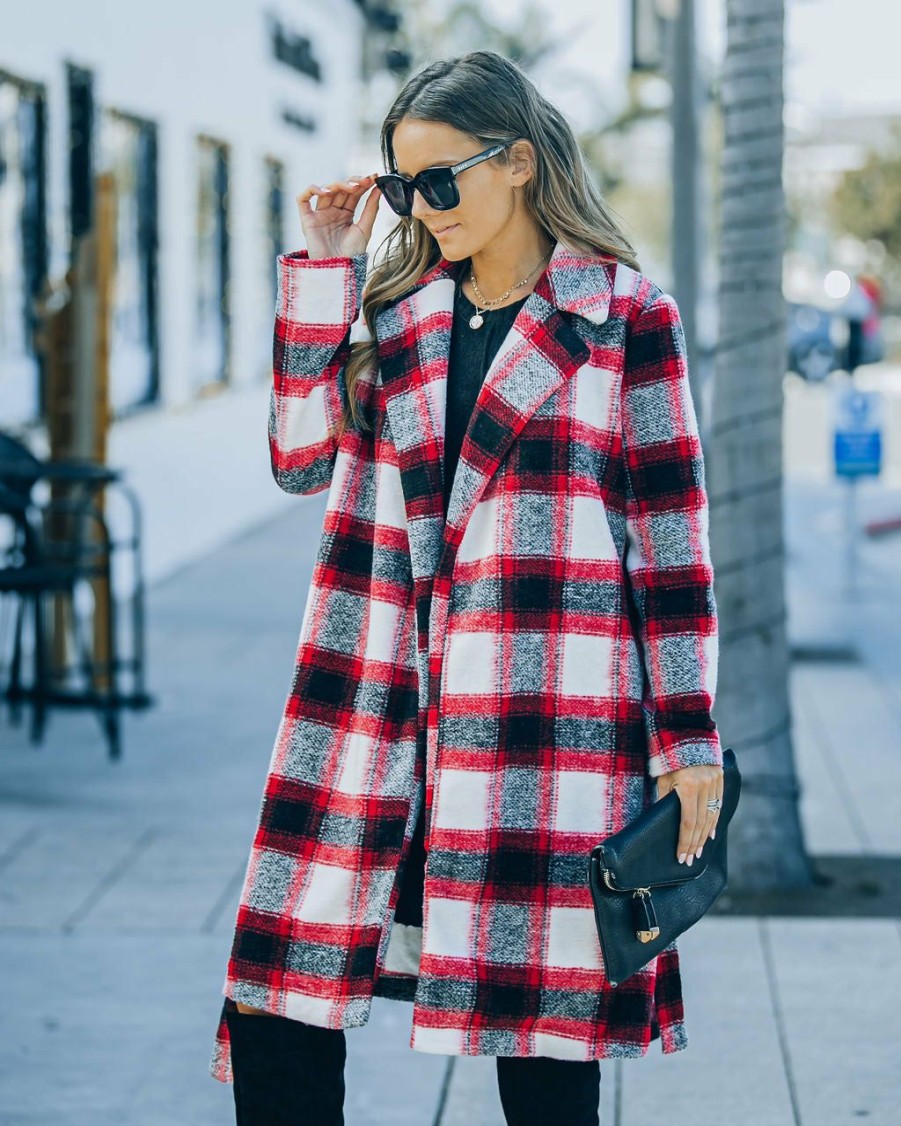 Clothing * | A.Peach All Clothing Wishful Winter Pocketed Plaid Coat Red Final Sale