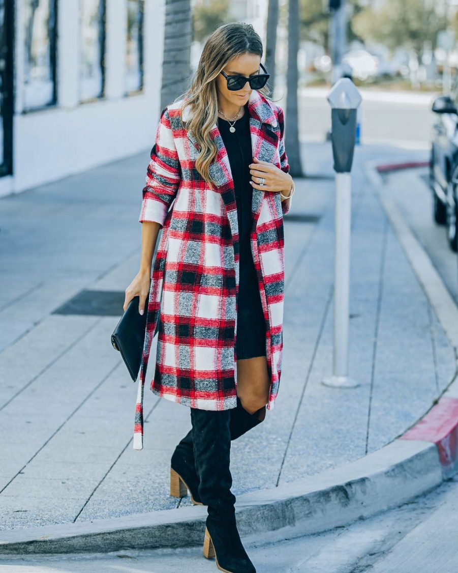 Clothing * | A.Peach All Clothing Wishful Winter Pocketed Plaid Coat Red Final Sale