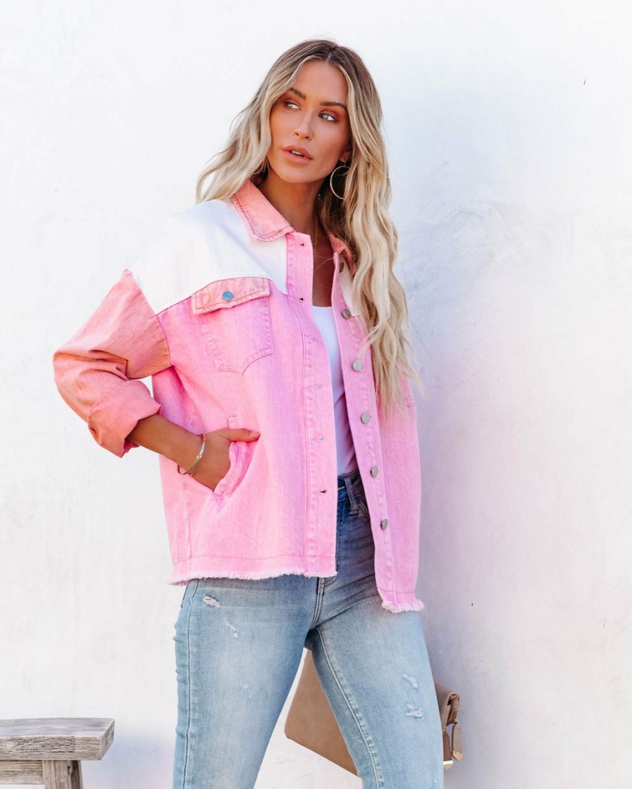 Clothing * | Entr-001 Cavin Pocketed Colorblock Denim Jacket Pink Combo