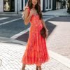 Clothing * | Oliv-001 Edris Cotton Floral Tiered Midi Dress Coral Pink All Clothing