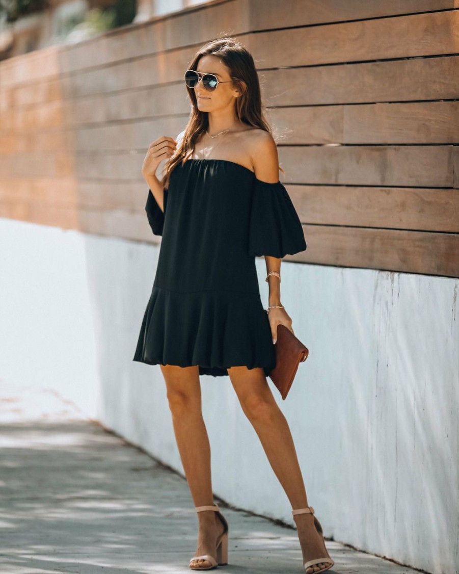 Clothing * | Tych-001 Tess Off The Shoulder Puff Sleeve Dress Black All Clothing