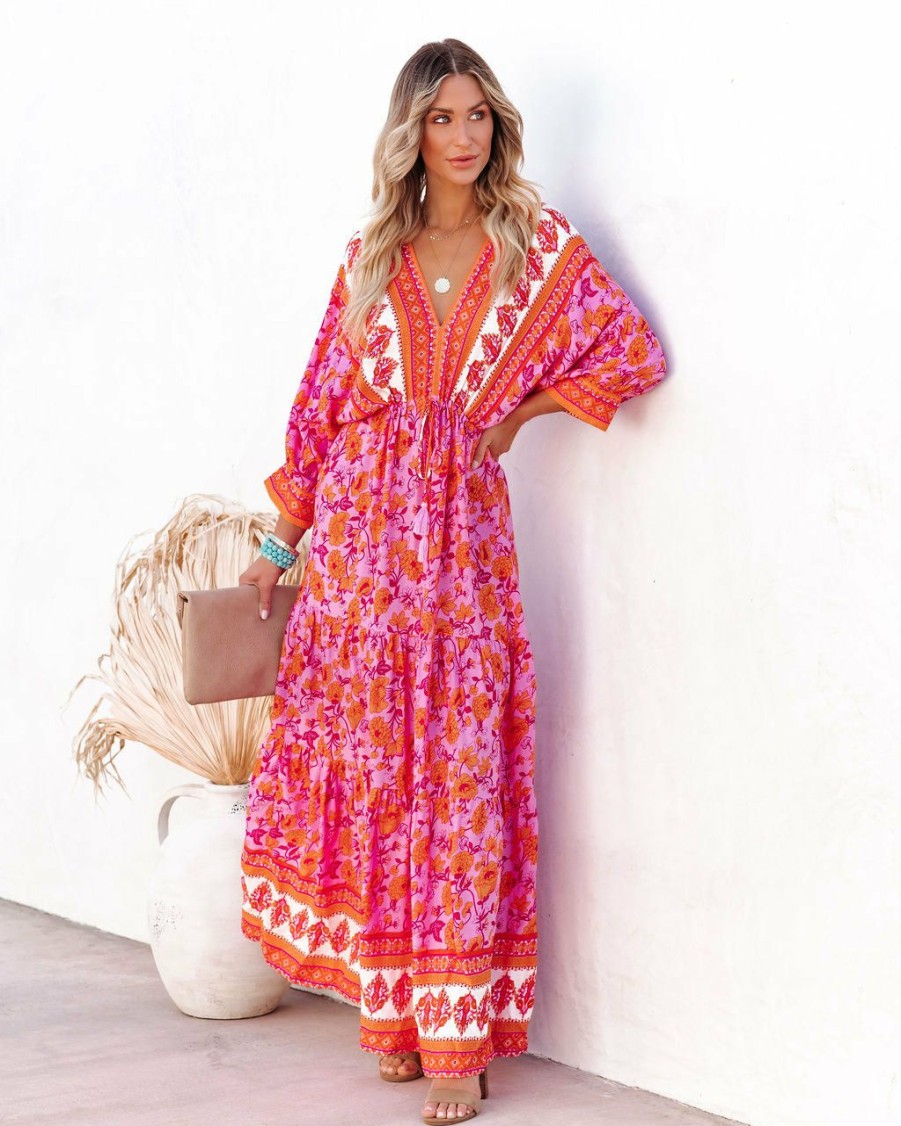 Clothing * | Aaka-001 Oria Floral Tiered Tassel Maxi Dress Tangerine Fuchsia