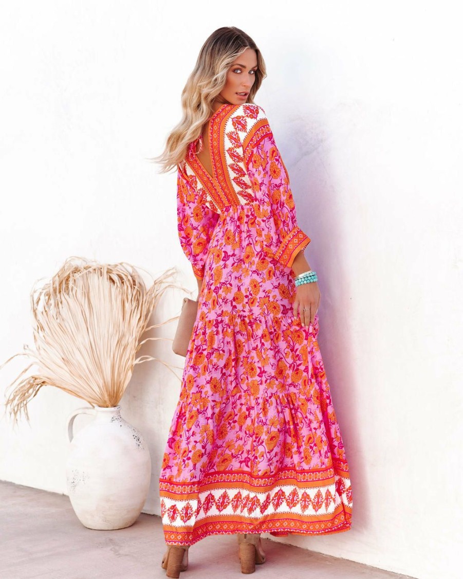 Clothing * | Aaka-001 Oria Floral Tiered Tassel Maxi Dress Tangerine Fuchsia