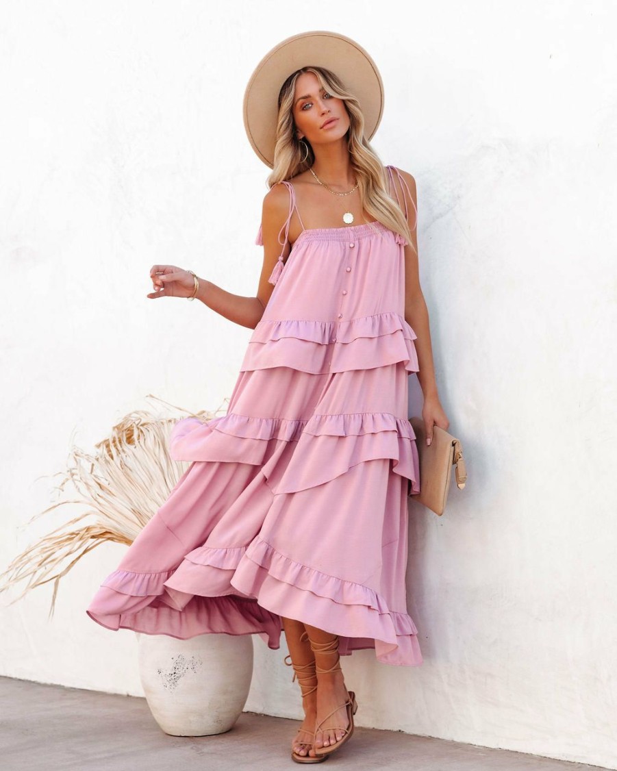 Clothing * | Stor-001 Resort Shop Brisbane Tiered Tassel Midi Dress Mauve Final Sale