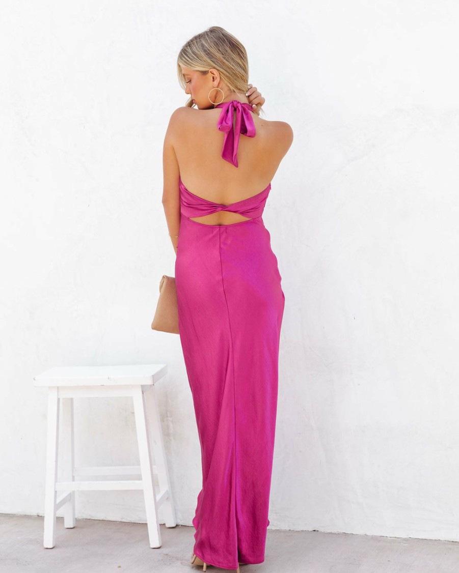 Clothing * | Olia-001 Mirabelle Halter Satin Maxi Dress Fuchsia New Arrivals