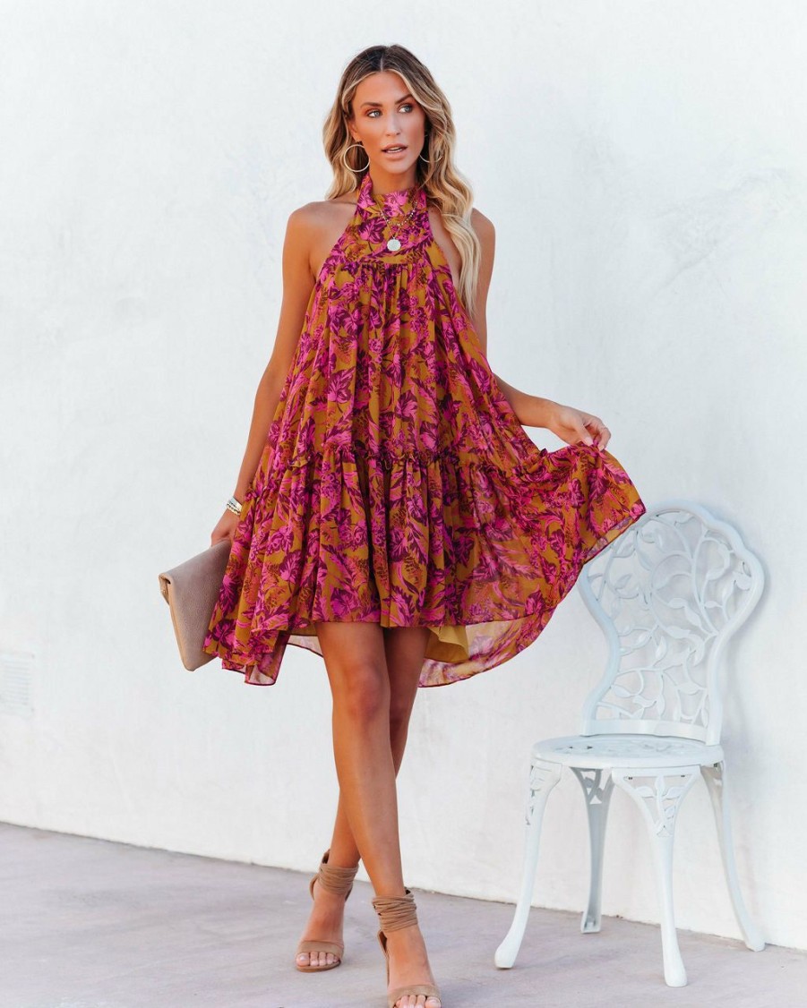 Clothing * | Oliv-001 All Clothing Plum Floral Backless Halter Mini Dress