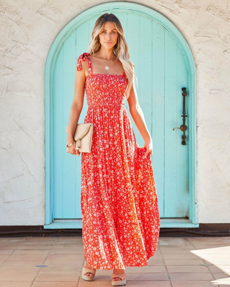 Clothing * | Enc-001 All Clothing Claira Floral Tie Strap Maxi Dress Orange