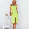 Clothing * | On T-001 Vividly Glowing Off The Shoulder Bodycon Midi Dress Lime The Weekly Drop