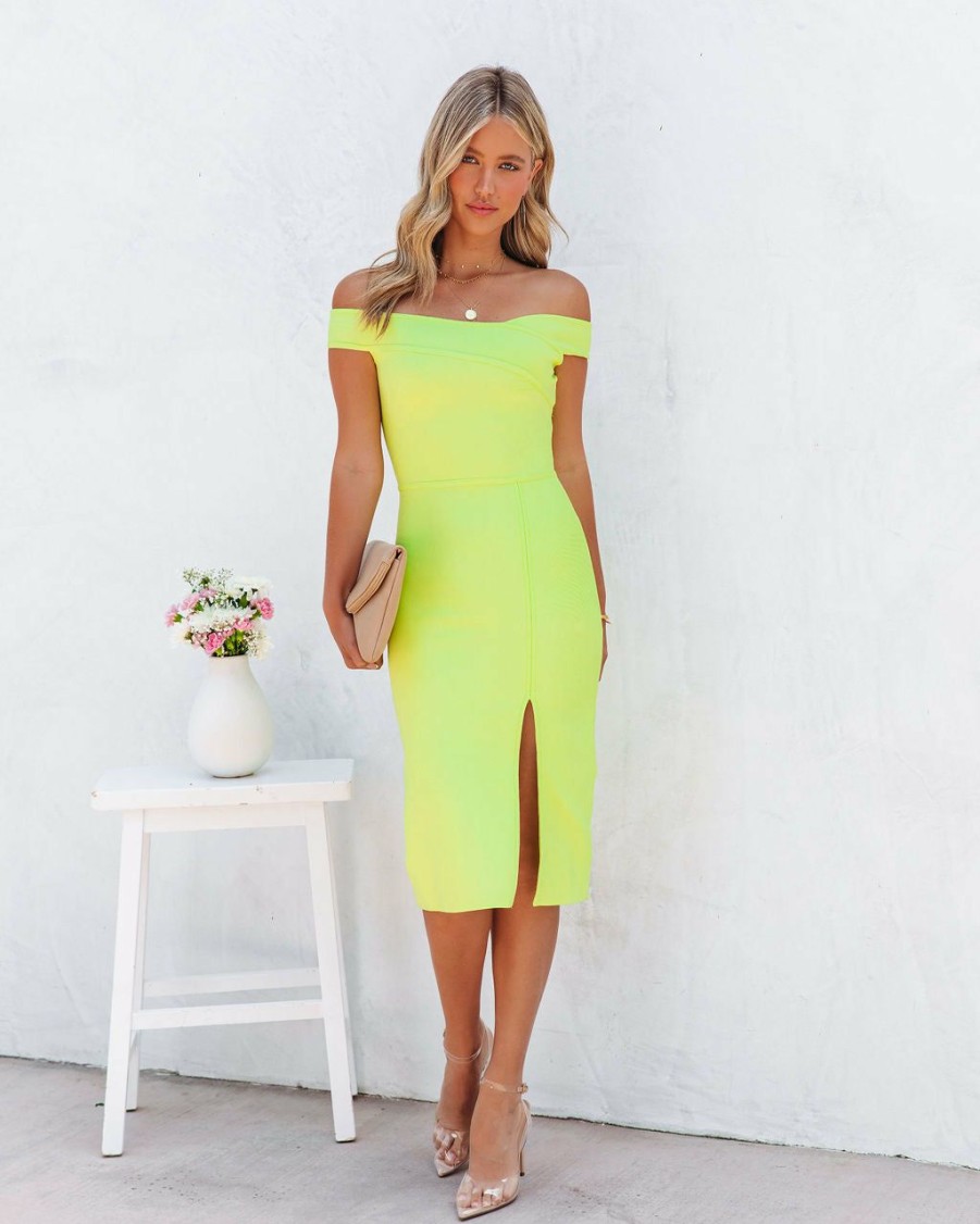 Clothing * | On T-001 Vividly Glowing Off The Shoulder Bodycon Midi Dress Lime The Weekly Drop